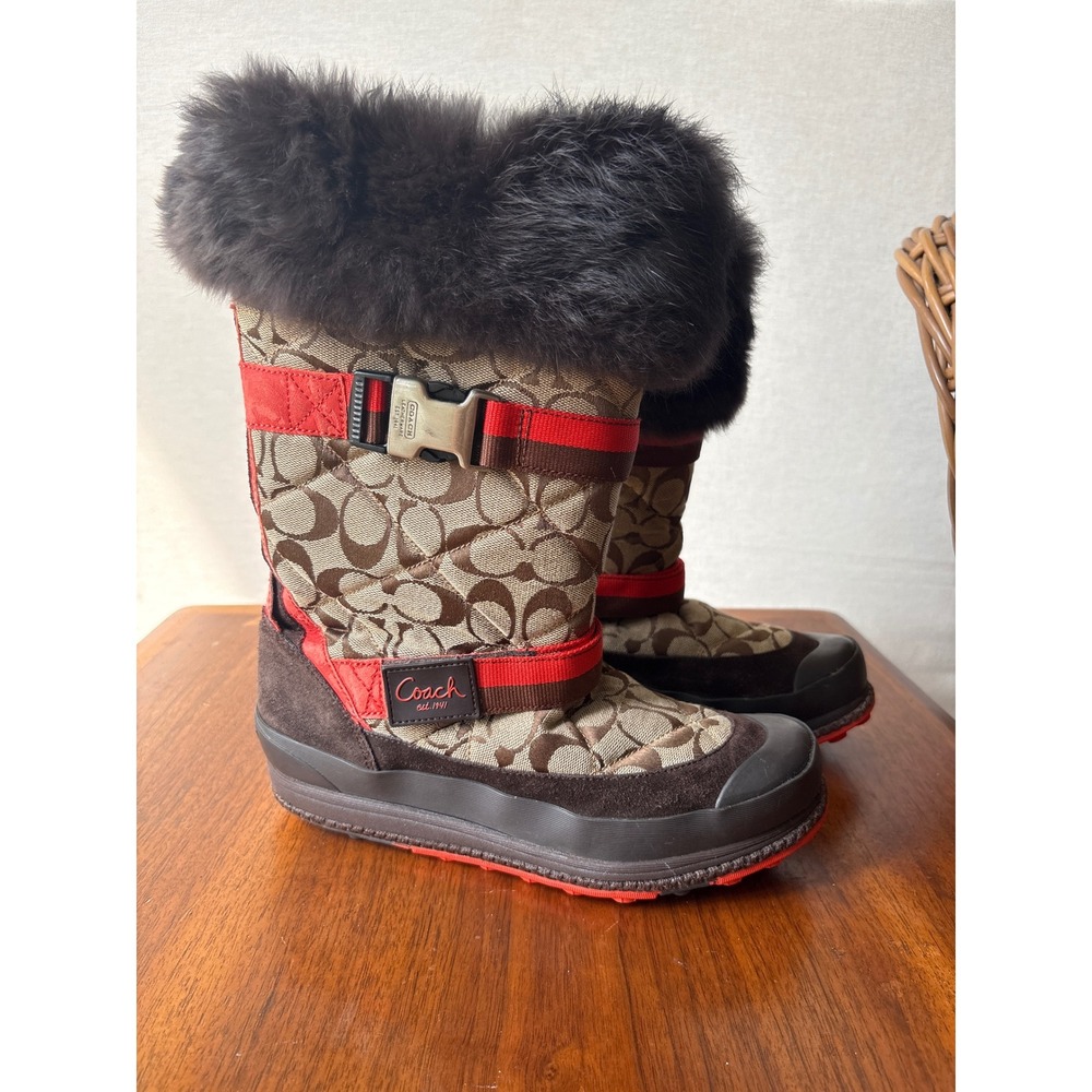 Coach Mariette Faux Fur Trim Snow Boots Brown Red Suede Buckle sz 8.5